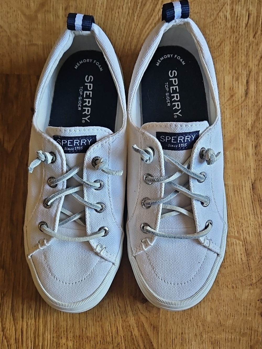 Sperry White Canvas Low-Top Lace-Up Sneakers with Navy Heel Tab
